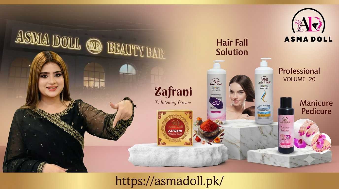 Asma Doll Beauty Bar banner showing skincare products, hair solution, and cosmetics range.