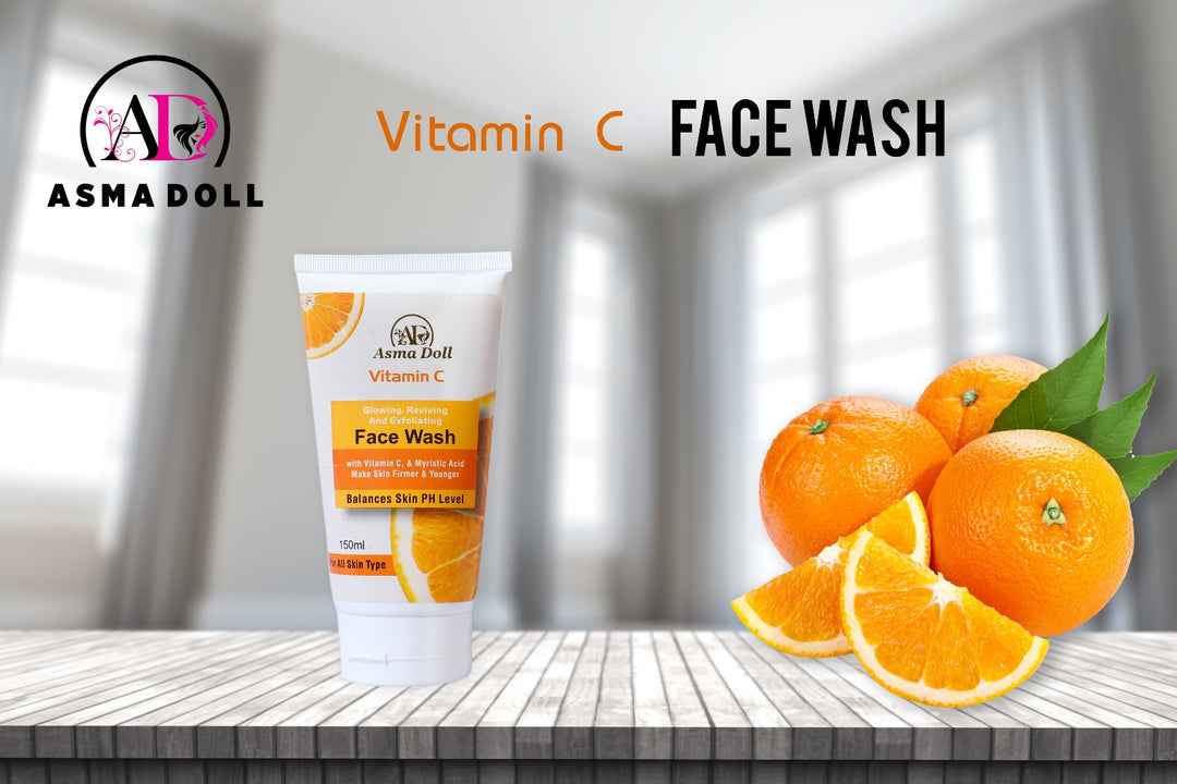 Asma Doll Vitamin C Face Wash tube with citrus oranges for skin glowing.