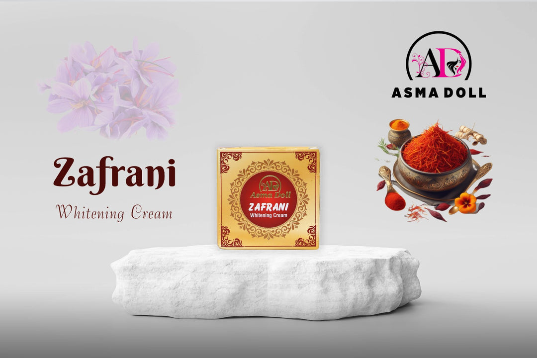 Asma Doll Zafrani Whitening Cream box with natural saffron ingredients.